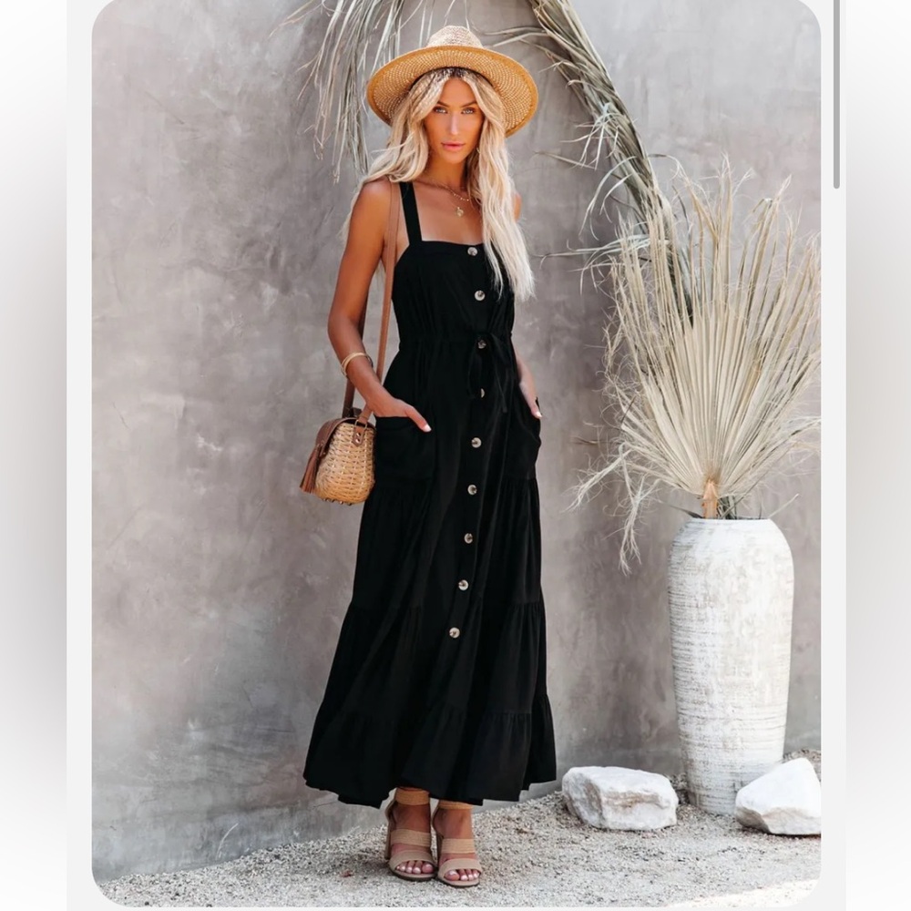 Lovestitch black linen blend button down dress with pockets